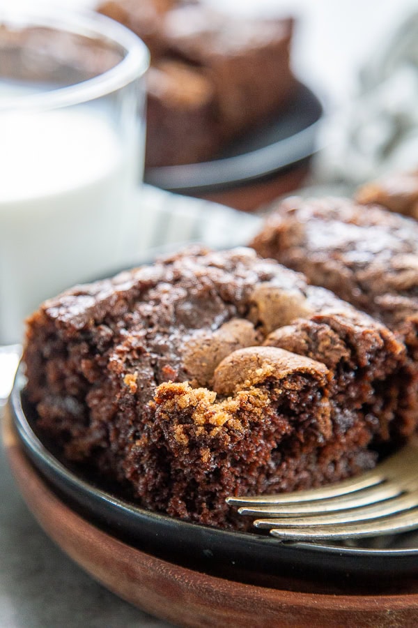 chocolate coffee cake on plate with fork and glass of milk behind it