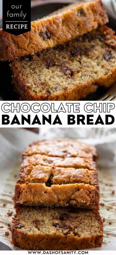 collage image of chocolate chip banana bread