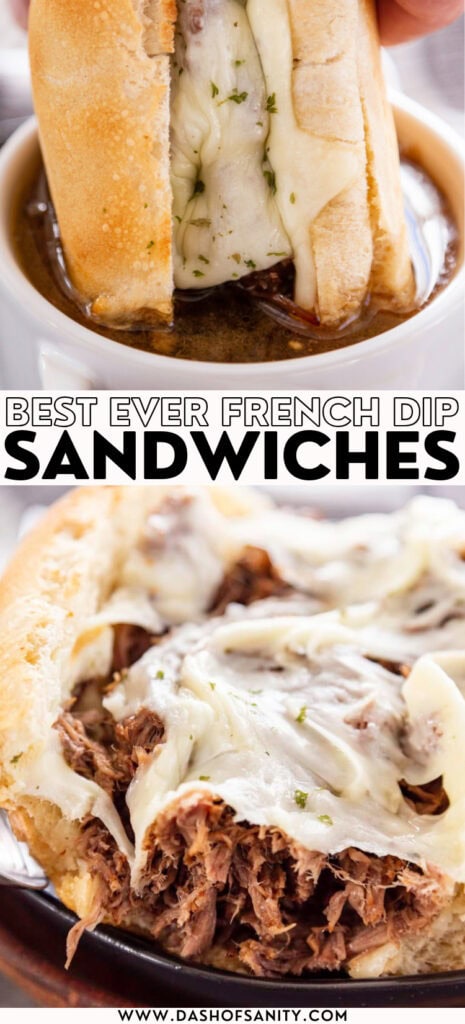 collage image of french dip sandwiches with recipe title