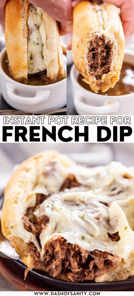 collage image of french dip sandwiches with recipe title