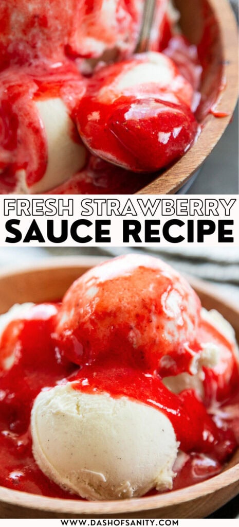 collage image with recipe title of homemade strawberry sauce