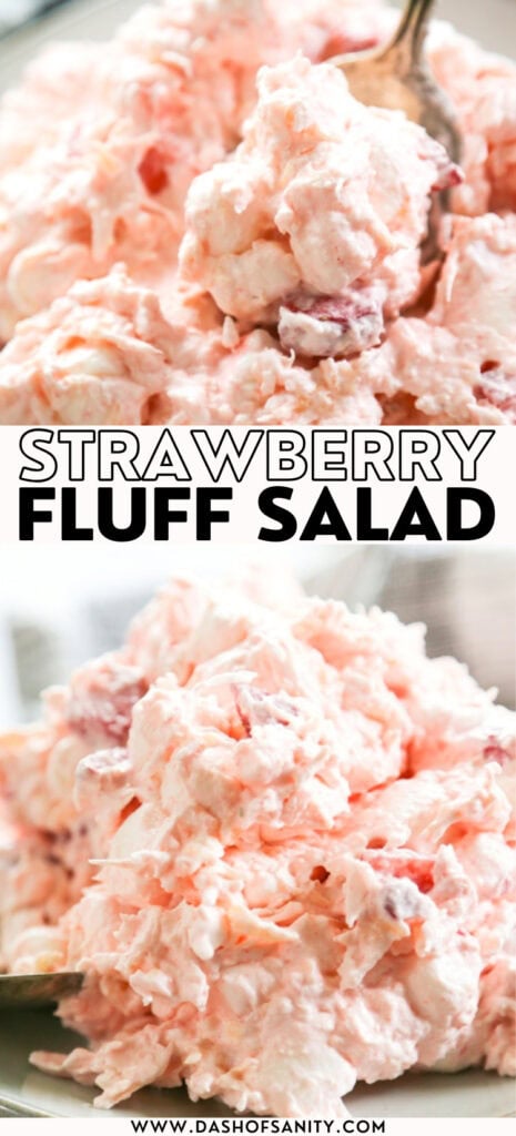 collage image of strawberry fluff salad with recipe title