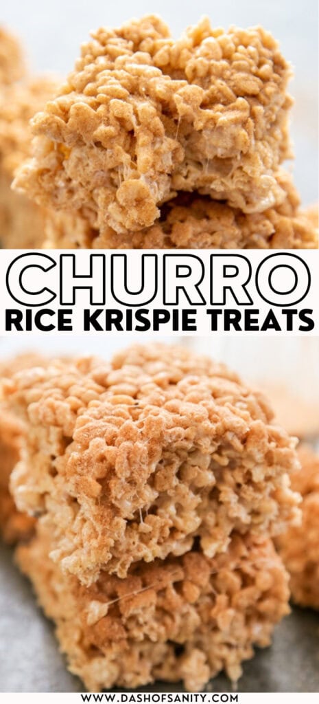 collage image of churro rice krispie treats with recipe title