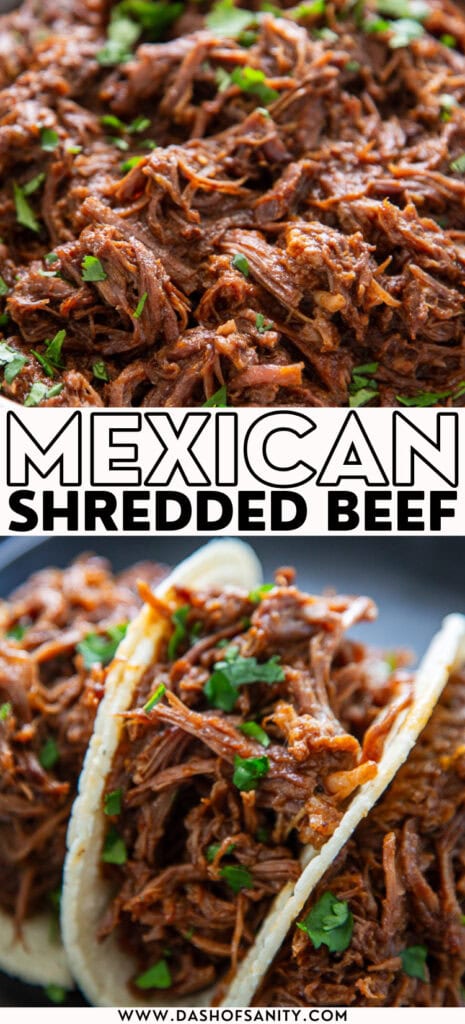 collage image of Mexican shredded beef in bowl and in taco