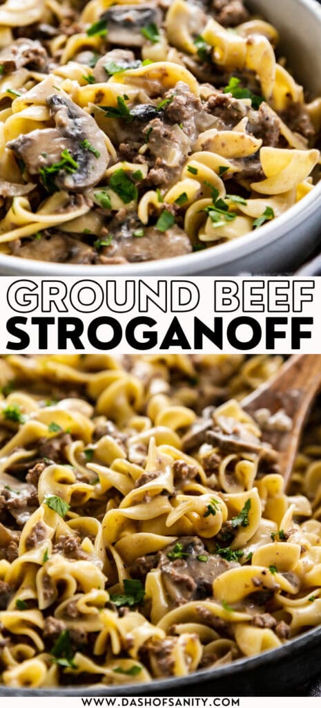 collage image of ground beef stroganoff with recipe title