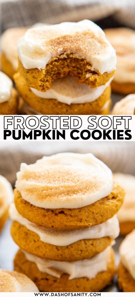collage image of frosted pumpkin cookies with recipe title