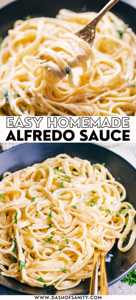 collage image of alfredo sauce recipe with recipe title