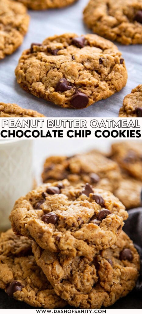 collage image of chocolate chip cookies made with peanut butter and oatmeal