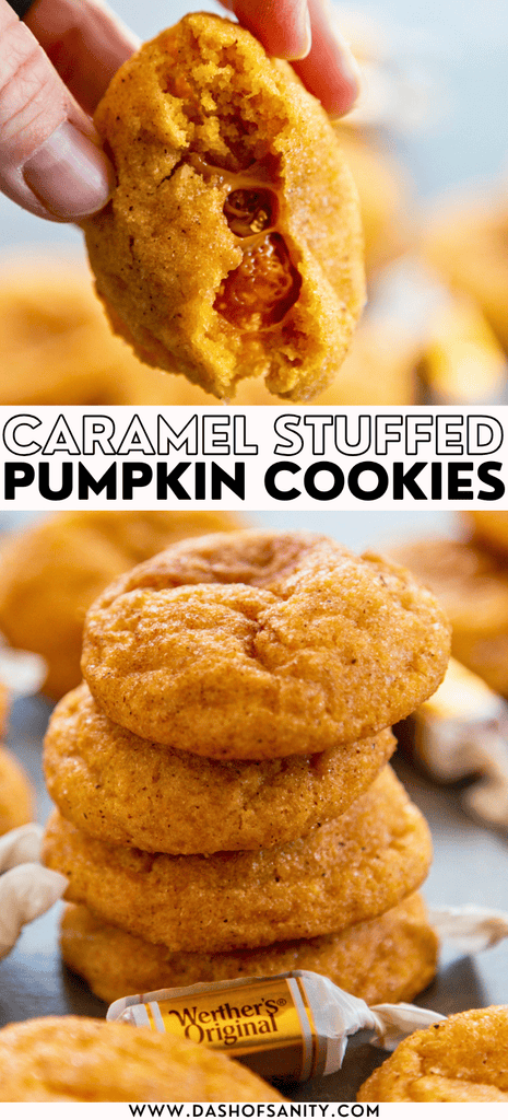 collage image of pumpkin cookies stuffed with caramel