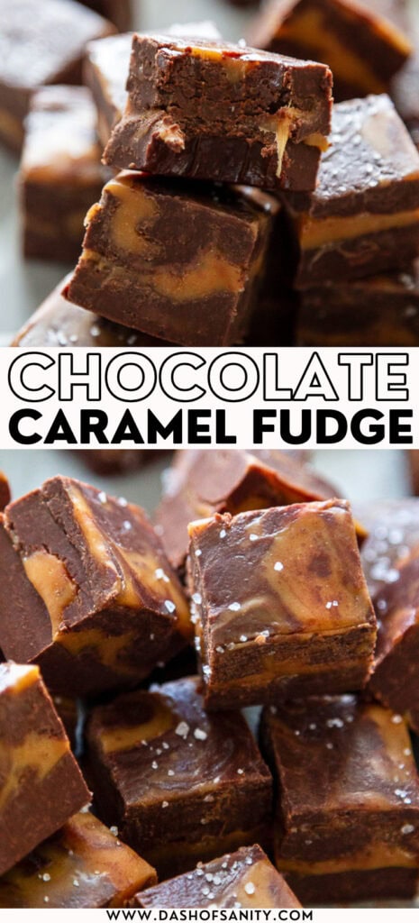 collage image of chocolate caramel fudge with recipe title