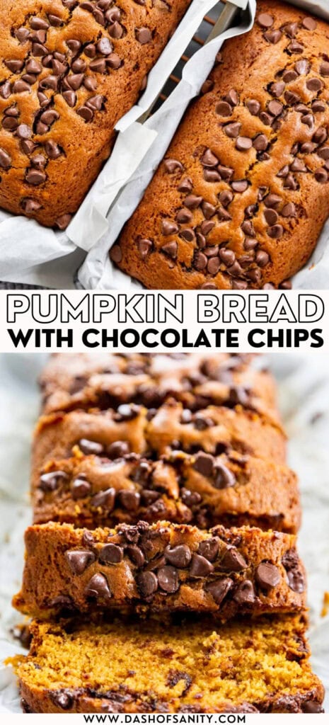 pumpkin chocolate chip bread collage image with recipe title