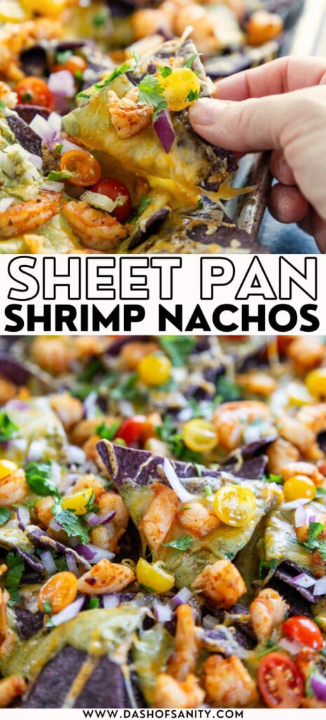 collage sheet pan shrimp nachos