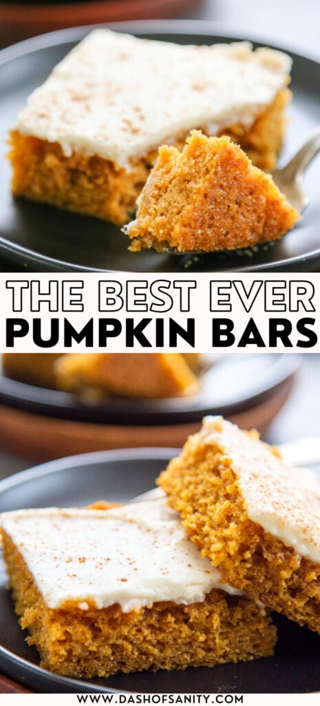 collage image of pumpkin bars with cream cheese frosting