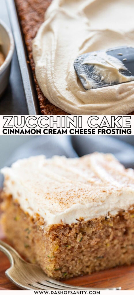 collage image of zucchini cake with cinnamon cream cheese frosting