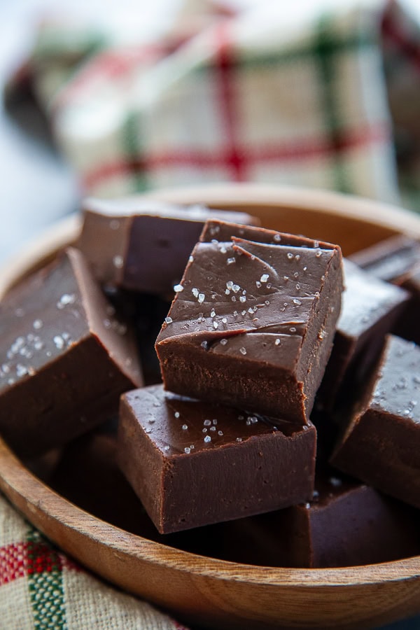 stack of dark chocolate fudge in bowl