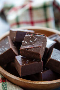 bowl of dark chocolate fudge topped with sea salt