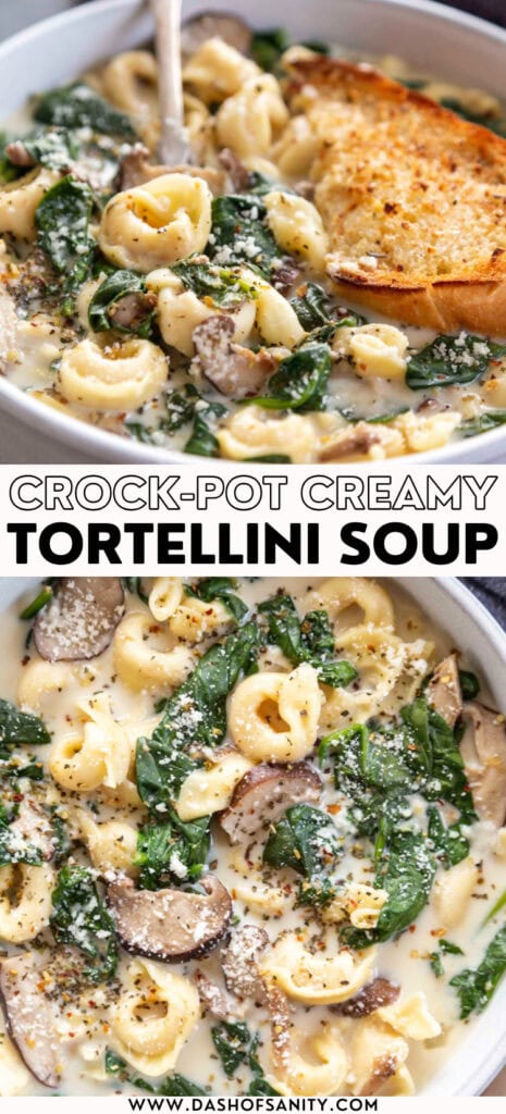 collage image of crock pot tortellini soup