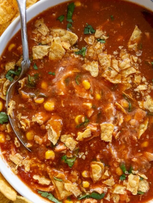 overhead shot of chicken tortilla soup. in bowl with tortilla chips