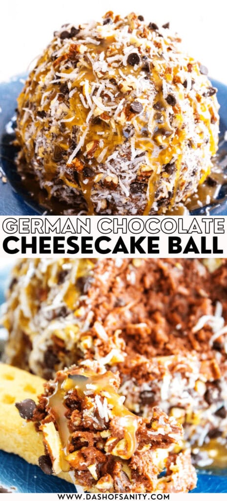 collage image of dessert german chocolate cheesecake ball