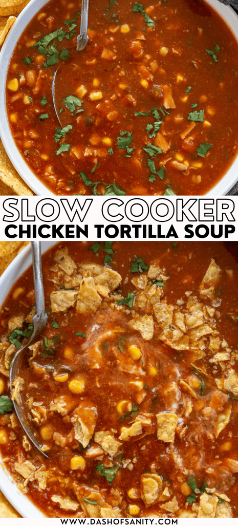 collage image of tortilla soup with chicke made in the slow cooker 