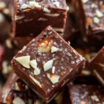 close up shot of almond fudge topped with sea salt