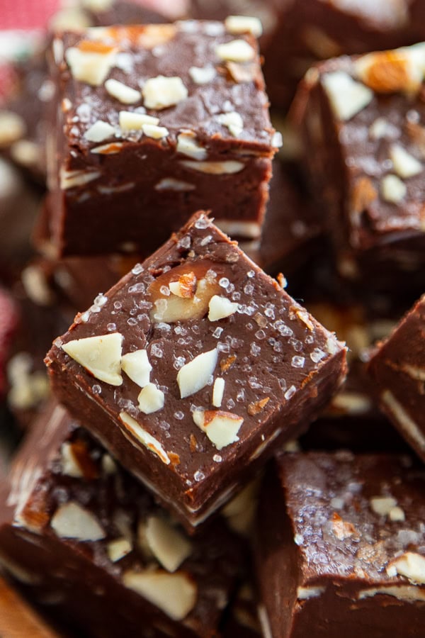close up shot of almond fudge topped with sea salt
