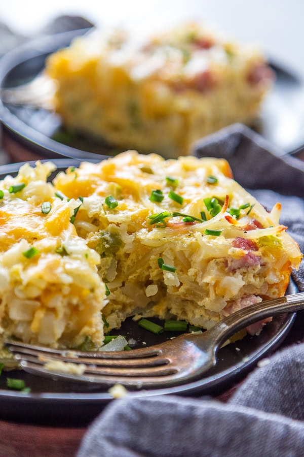breakfast casserole with bite out of it