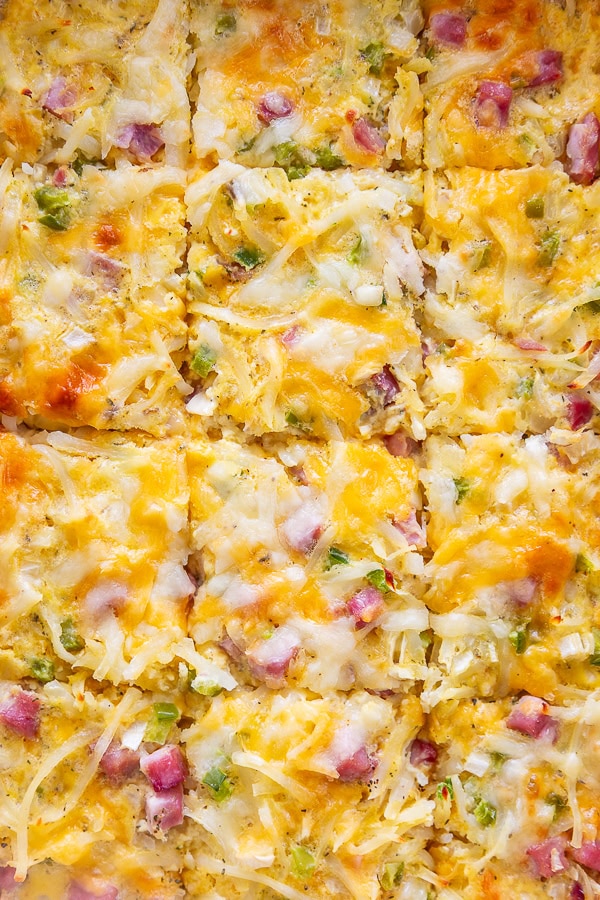 overhead shot of breakfast casserole with hashbrowns and ham