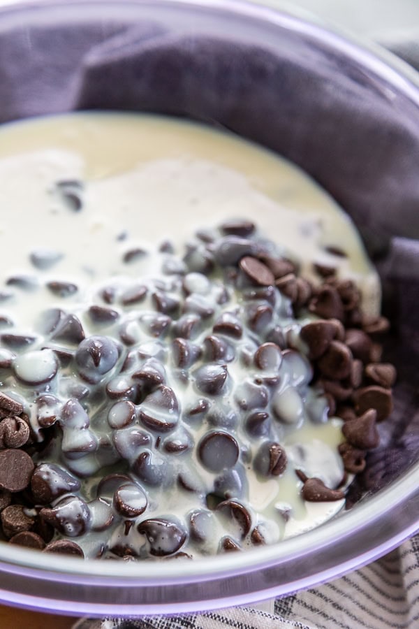 chocolate chips in bowl with milk