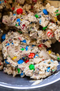 M&M Cookie dough in mixing bowl