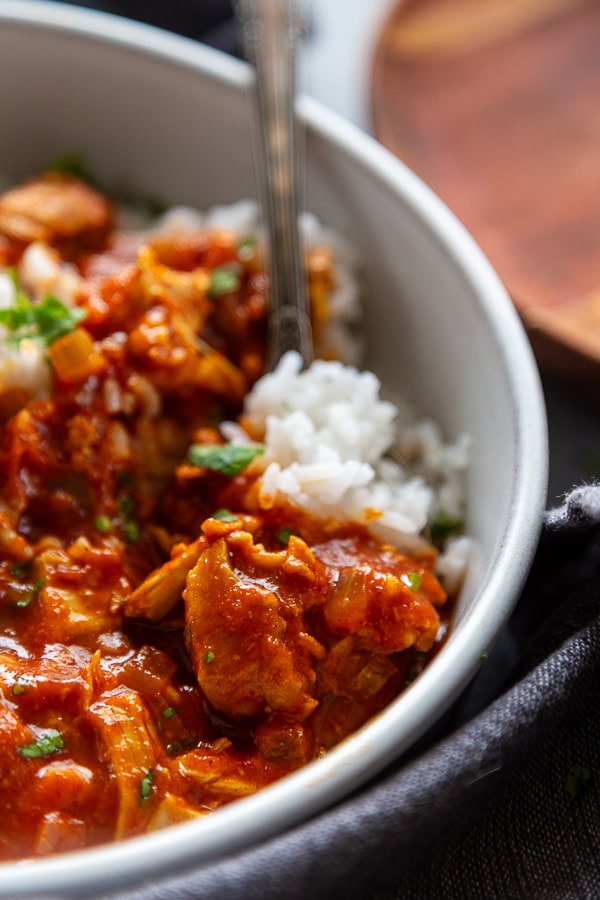 fork with rice and chicken