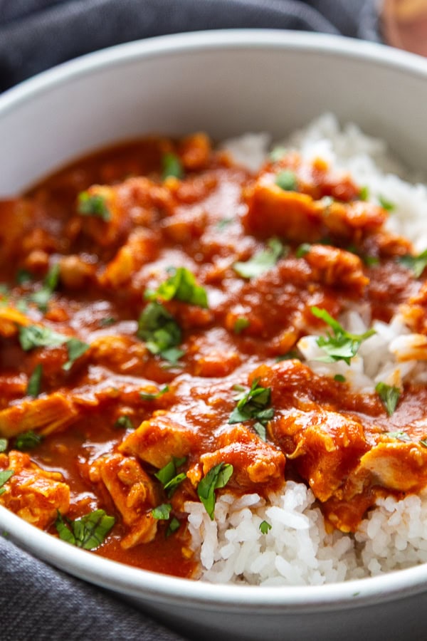 close up shot tikka masala in bowl with rice