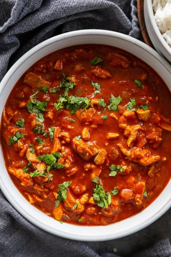 bowl of tikka masala overhead shot