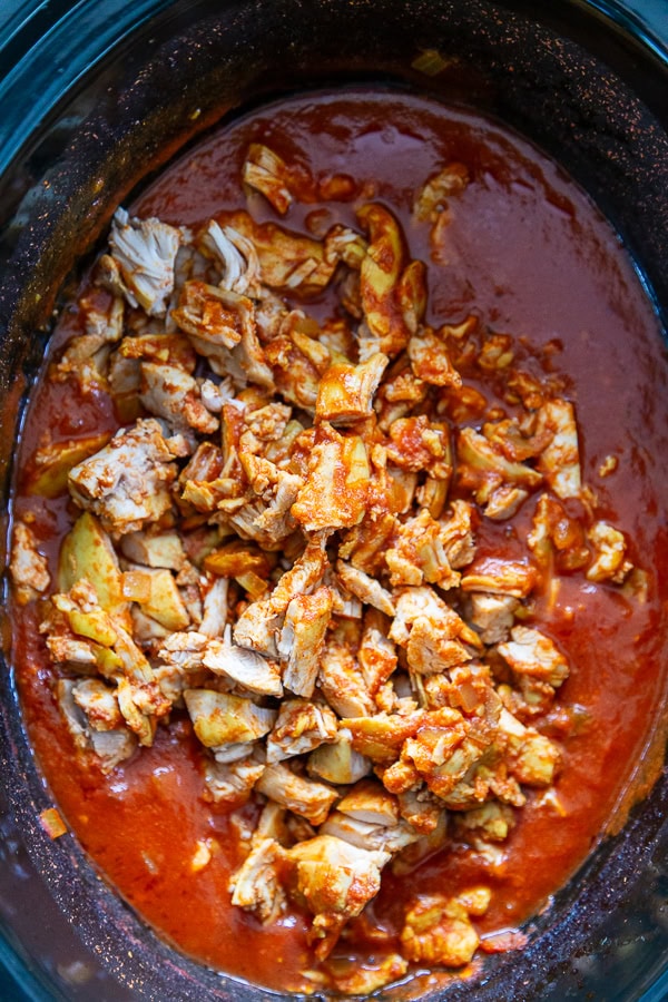 chicken in slow cooker with tomato sauce - overhead shot