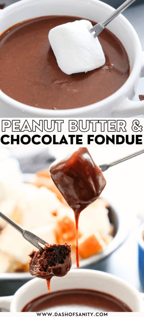 collage image of chocolate fondue with dippers and recipe title
