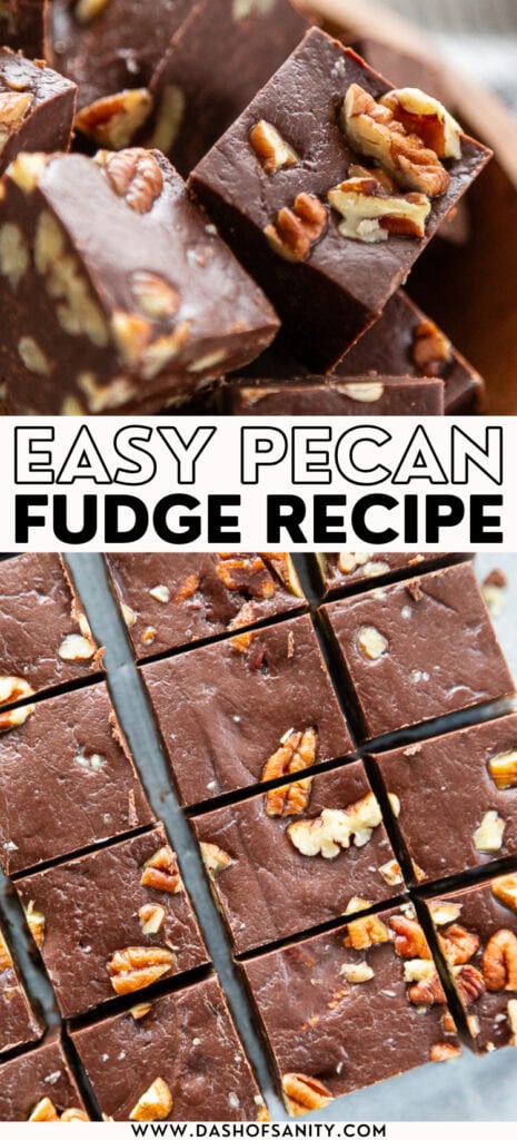 collage image of pecan fudge with recipe title