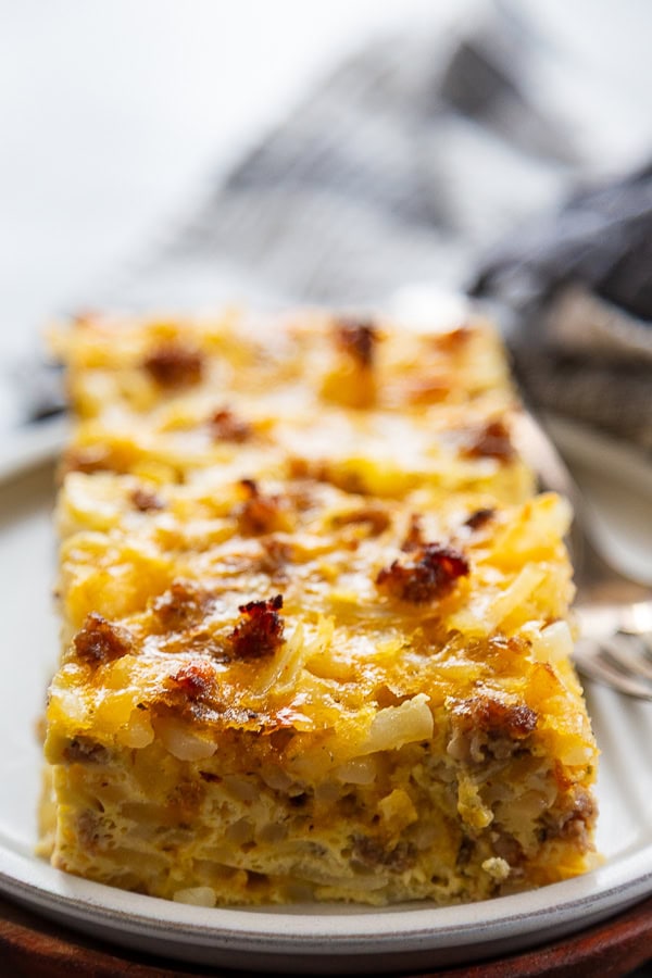 breakfast casserole on plate with fork
