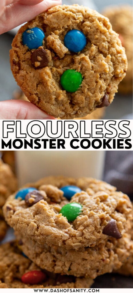 collage image of flourless monster cookies with recipe title