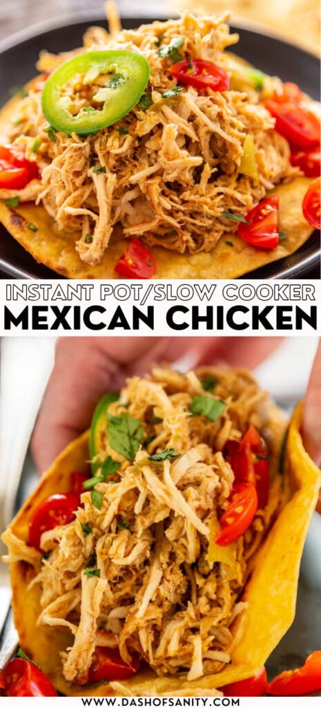 collage image of shredded mexican chicken tacos