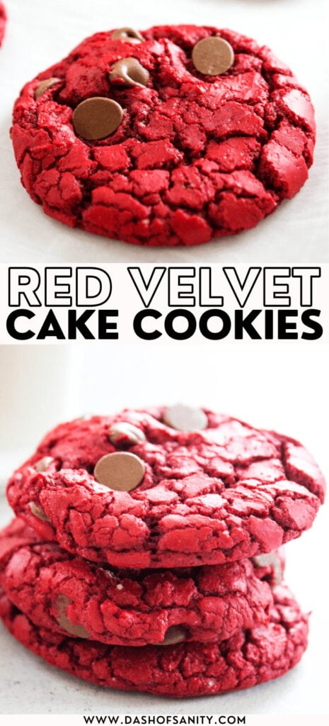 collage image with recipe title of red velvet cake cookies