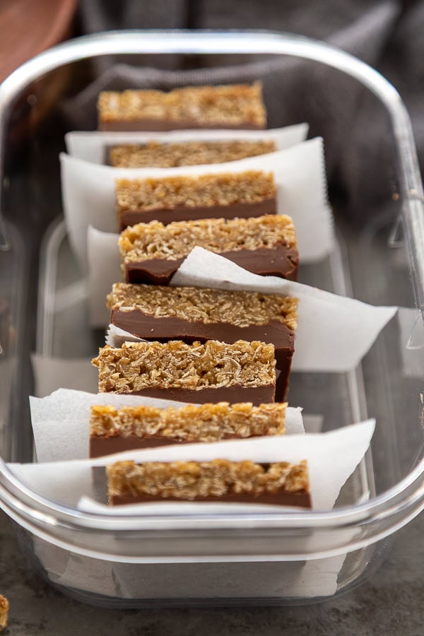 oatmeal peanut butter chocolate bars in storage container