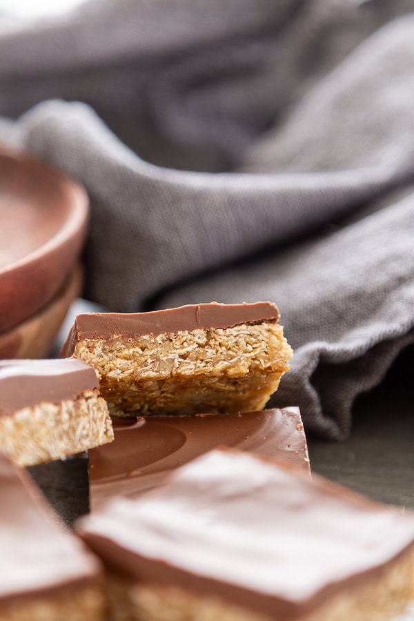 close up shot of oatmeal peanut butter chocolate bar
