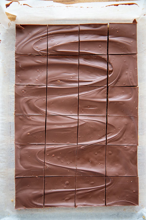 overhead shot of oatmeal chocolate peanut butter bars cut into squares
