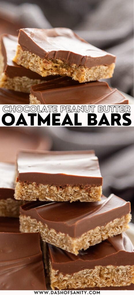 collage image of chocolate peanut butter oatmeal bars with recipe title