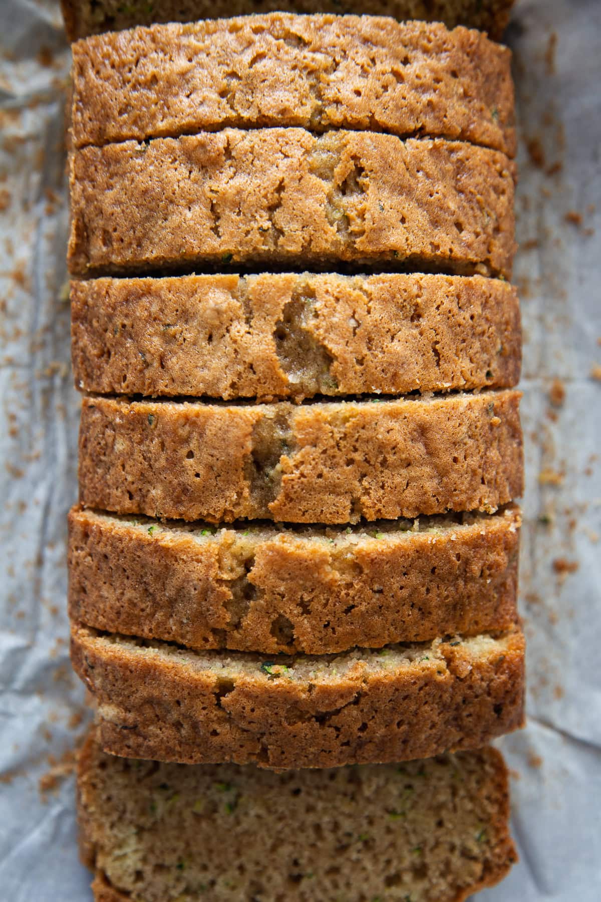 overhead shot of sliced zucchini bread