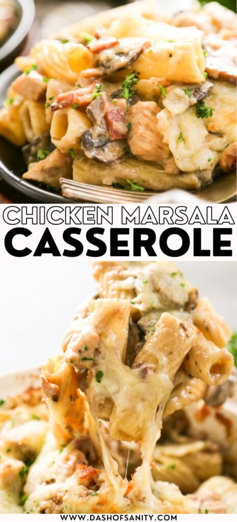 collage image of chicken marsala casserole with recipe title