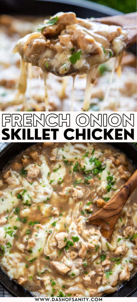 skillet chicken recipe with french onion soup with recipe title - collage image