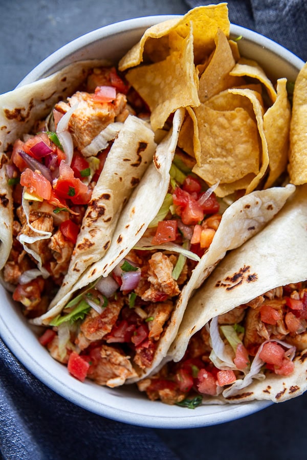 overhead shot chicken tacos with toppings