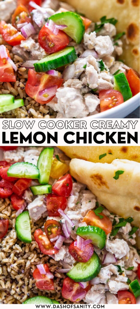 collage image of creamy lemon chicken with recipe title on it