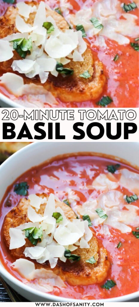 collage image of tomato basil soup with recipe title